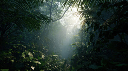 Dense jungle interior thick foliage faint sunlight, lush green leaves, mysterious atmosphere
