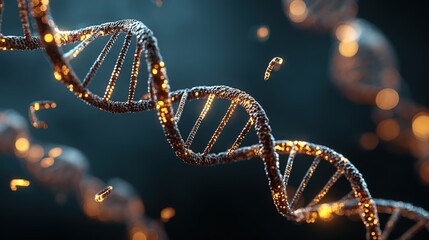 Genetic engineering theme, 3D models of DNA double helix structure and gene editing tools suspended against a black background, glowing gene chain fragments beside them, background is a tech - inspire