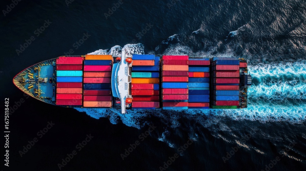 Poster aerial view of a container ship sailing through open ocean waters