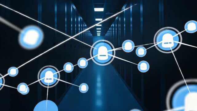 CGI Data center lights illuminate technology and hardware in a darkened environment