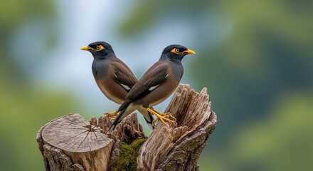 Fototapeta premium Two Common Myna Birds Perched on a Weathered Tree Stump, Close Up