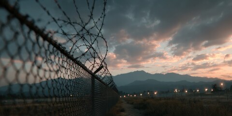 Sunset behind a barbed wire fence