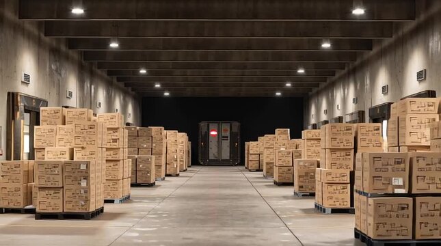 Warehouse interior with rows of stacked cardboard boxes under bright overhead lighting system