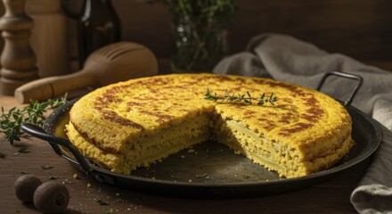 Golden Potato Tortilla with Fresh Thyme, Rustic Setting, and War