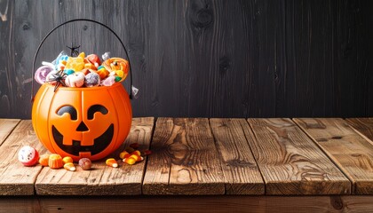 Halloween candy bucket overflowing with colorful treats on a rustic wooden table.