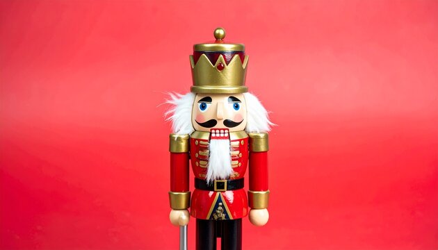 Traditional wooden nutcracker in red, gold, and blue uniform stands against solid red backdrop—evoking festive charm, craftsmanship, and cultural symbolism of the holiday season.
