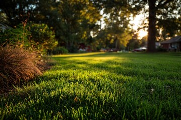 Sunset over a suburban lawn