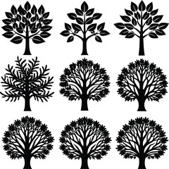 Collection of silhouette tree graphics for design projects nature elements artistic representation trees diverse styles natural beauty
