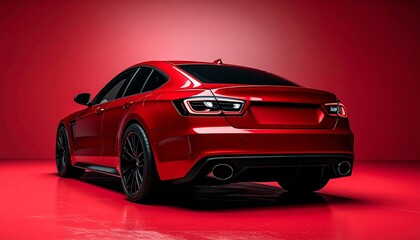 Sleek red sports sedan with black alloy wheels and illuminated taillights parked in studio against vibrant red backdrop—evoking speed, style, and modern luxury in a bold automotive composition.