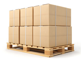 Stacked cardboard boxes secured with straps on a wooden pallet against a white background space for text