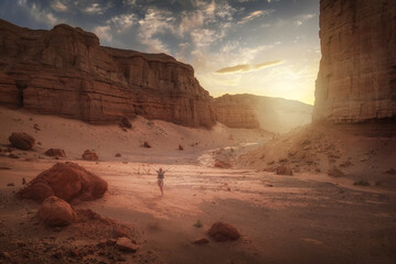 A traveler in a serene desert canyon at sunset, with mountains and sky