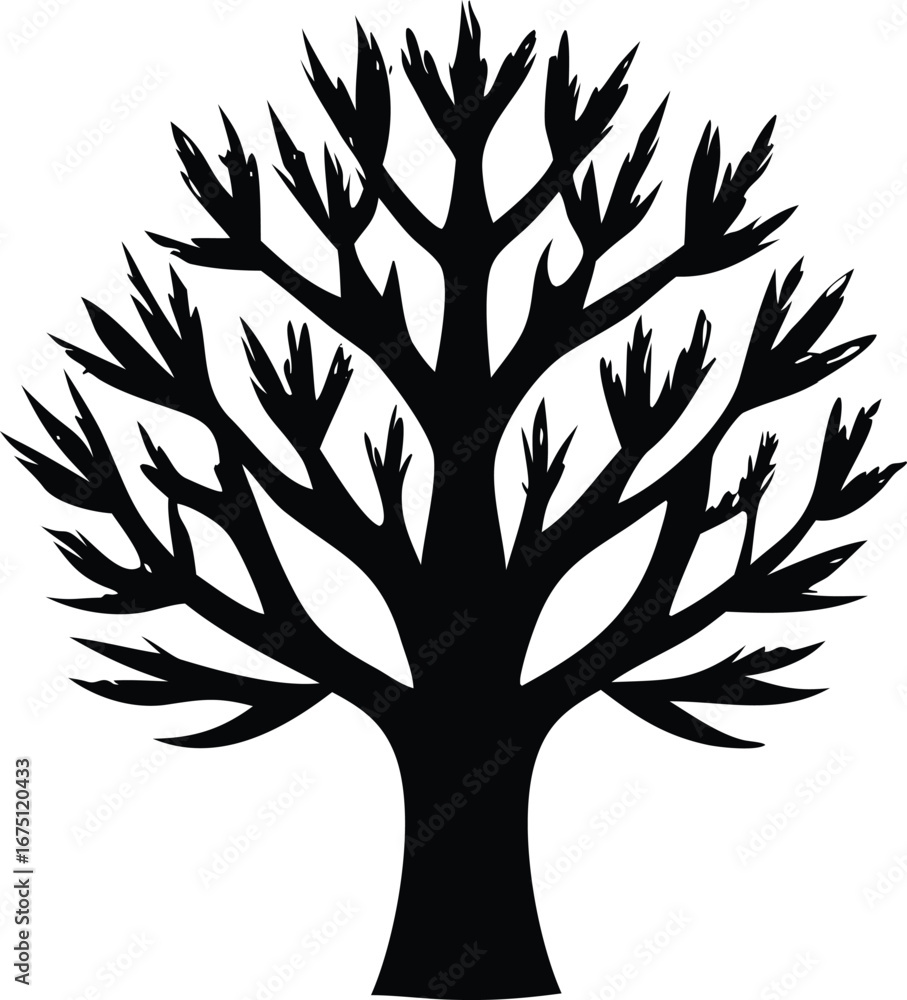 Poster silhouette of a bare deciduous tree with a strong trunk and spreading branches reaching outwards aga