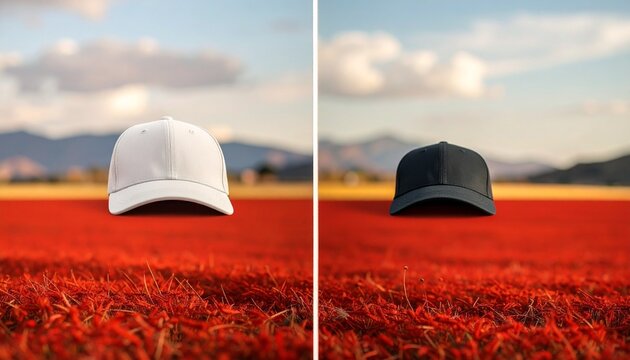 Two floating baseball caps—white and black—hover above a vivid red field split vertically, with surreal mountain backdrop and cloudy sky, evoking contrast, duality, and visual intrigue.