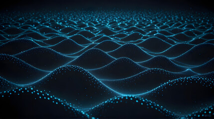 Mesmerizing blue digital waves with glowing particles create a futuristic, dynamic data flow visualization