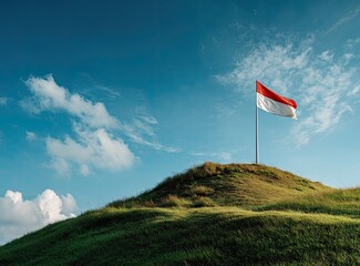 Flag atop grassy hill under a clear sky