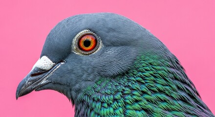 Vibrant Pigeon Portrait Against Pink Background