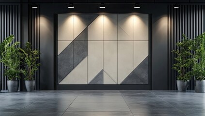 An empty room with a large, modern art wall and two potted plants.