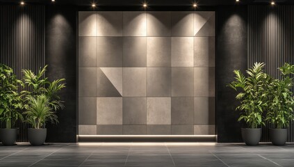 An empty room with a large, modern art wall and two potted plants.