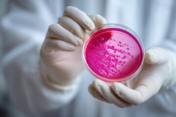 Petri dish with pink bacteria culture