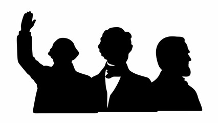 Silhouette of three men including one raising hand in a black and white vector illustration design