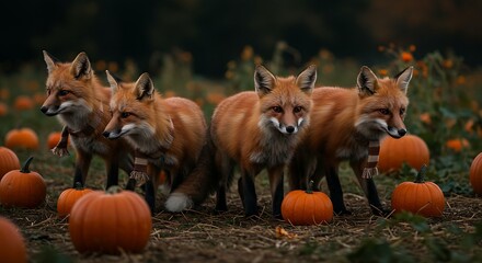 Fototapeta premium 4 cunning foxes, reddish-brown, sleek, side by side, front view, tiny scarves, tiny pumpkins, wandering through a pumpkin patch at dusk, mysterious, enchanting, digital illustration