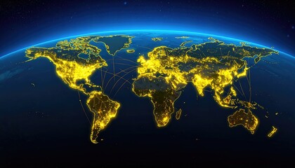 Glowing Yellow World Map View from Space