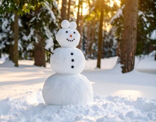 Obraz premium Snowman in snowy winter forest at sunset