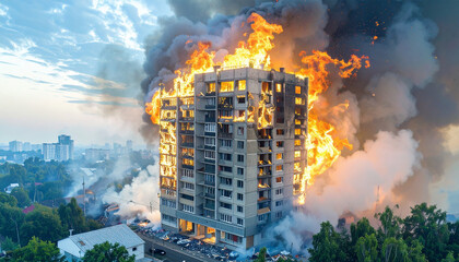 High rise building fire disaster prevention infographic emergency urban smoke flame destruction dramatic scene of high rise building engulfed flames with thick smoke highlighting disaster