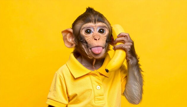 A monkey in a yellow polo shirt holds a banana like a phone, tongue out, against a bright yellow backdrop&mdash;blending humor, mimicry, and surreal charm in a playful anthropomorphic scene.