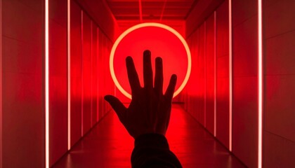 A silhouetted hand reaches toward a glowing red circle at the end of a corridor lined with vertical red lights—evoking mystery, symmetry, and a futuristic portal-like atmosphere.