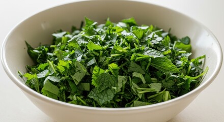 Fototapeta premium Freshly Chopped Coriander and Mint in a White Bowl, Ready for Culinary Use