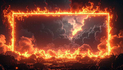 Fiery border frame with burning effect, dramatic dark smoke background, glowing orange flames, intense heat, night sky, hot sale campaign visual, emotional energy