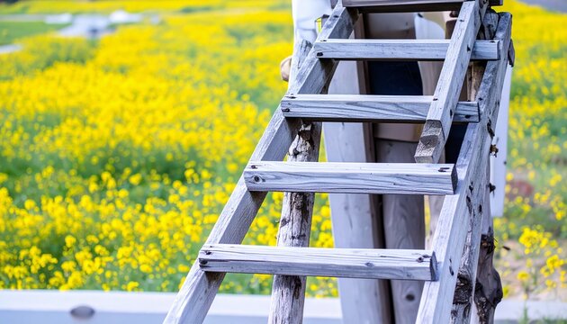 A weathered wooden ladder leans against a white wall, set before a vibrant field of yellow flowers—capturing rustic charm, rural simplicity, and the quiet passage of time in nature. - Powered by Adobe