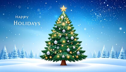 Obraz premium Beautifully Decorated Christmas Tree in Snowy Winter Landscape with Happy Holidays Message.