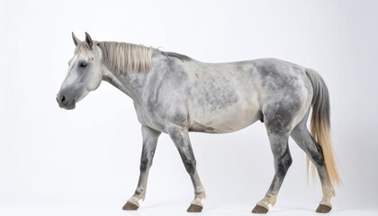 Graceful Grey Horse: The equine marvel stands proudly, its grey coat a canvas of nature's artistry, bathed in soft light that accentuates its powerful build and gentle demeanor. 
