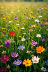 Vibrant wildflowers carpet a sunlit meadow, aerial view, field, day