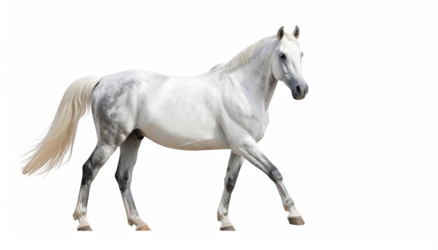 Majestic White Horse in Motion: A stunning Arabian horse, a paragon of grace and strength, is captured in a poised walk, exuding power and elegance.