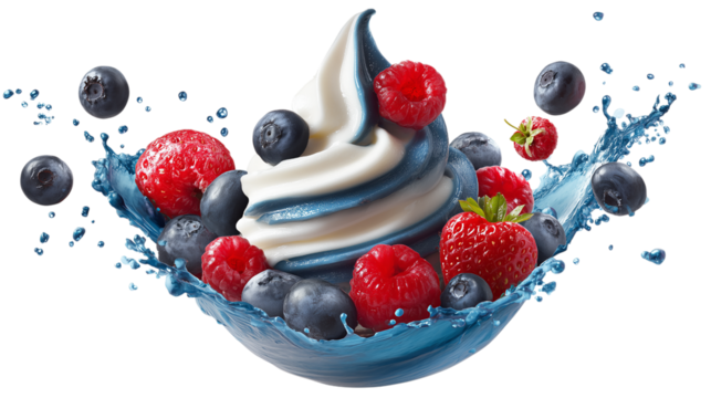 A bowl of ice cream with blue and white swirls and strawberries and blueberries