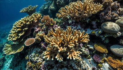 Obraz premium Vibrant underwater landscape showcasing a thriving coral reef ecosystem in the clear blue tropical ocean