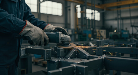 Man grinding metal piece with power tool in industrial workshop