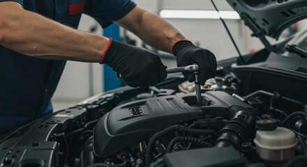 Mechanic using wrench to repair car engine in workshop  