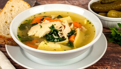 Bowl of chicken noodle soup with fresh vegetables