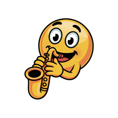 Smiling yellow emoji playing saxophone with joy and enthusiasm
