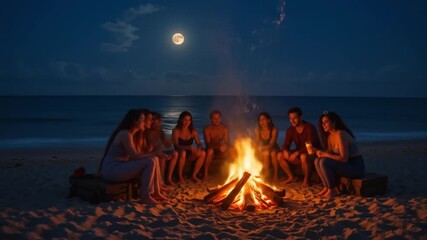 Young adults gathering around beach bonfire at night under moonlit sky creating lasting memory