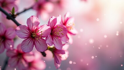 Obraz premium Cherry blossom flowers in full bloom symbolizing renewal and beauty with soft pink petals on a spring tree branch background