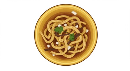 Overhead View of Noodles with Garnishes in a Golden Bowl