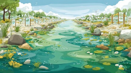  a polluted river becomes clear after treatment, aquatic plants planted along the riverbank, environmental protection signs standing on the shore, background is blue sky and white clouds 