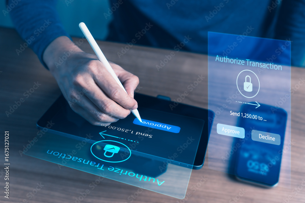 Aufkleber secure digital payment authorization on tablet with hand using stylus, representing online transacti