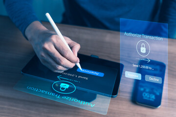 Secure digital payment authorization on tablet with hand using stylus, representing online transaction approval, fintech security, and electronic banking verification