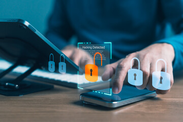 Cybersecurity warning on smartphone showing hacking alert and padlock icons, highlighting mobile...